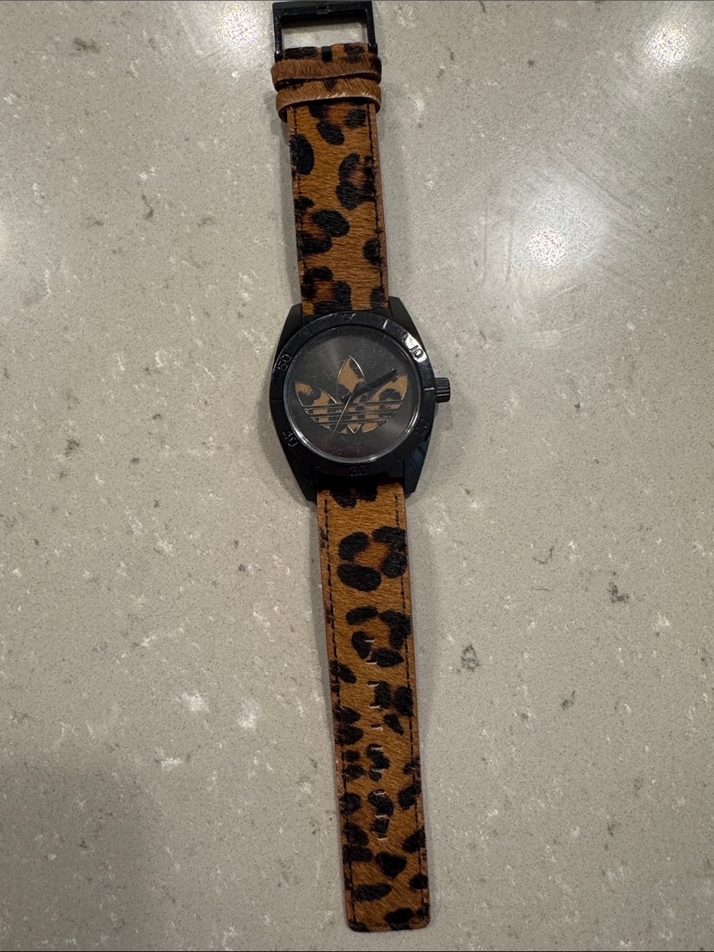 Rare! adidas Black Case Watch with Brown Leopard-Print Strap